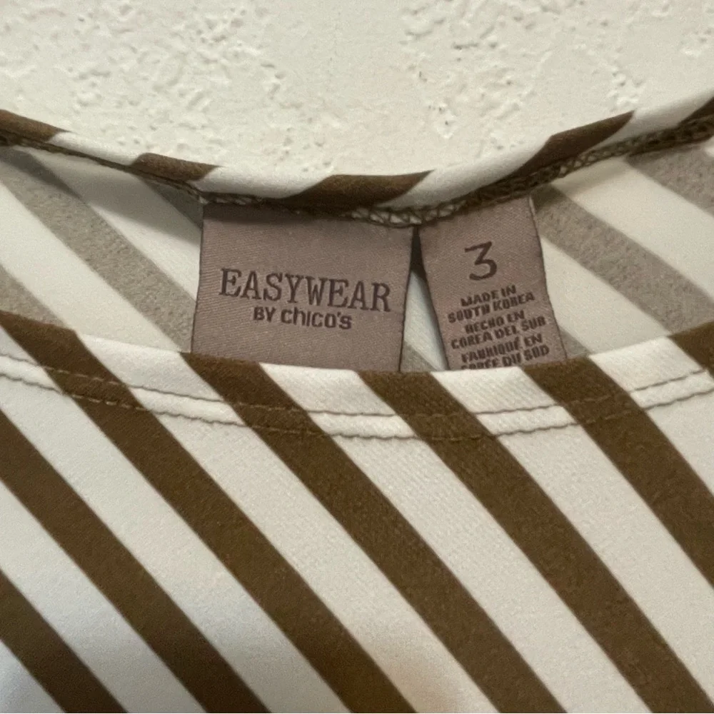Chico’s 3 US XL Top Shirt Brown Striped 3/4 Sleeve Round Neck Stretch Women’s - Picture 4 of 8